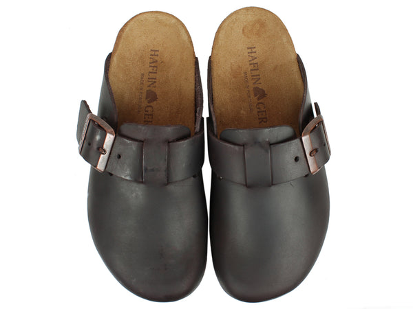 Haflinger Unisex Leather Clogs Porto Brown upper view