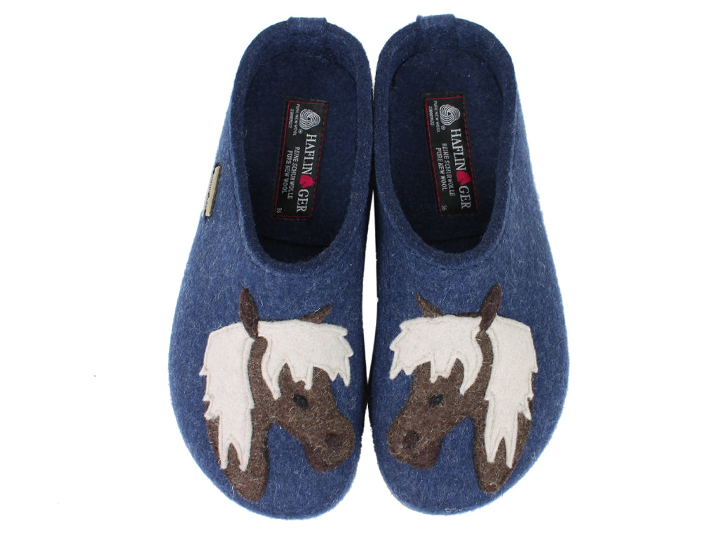 Haflinger Felt Clogs Grizzly Horse Jeans upper view