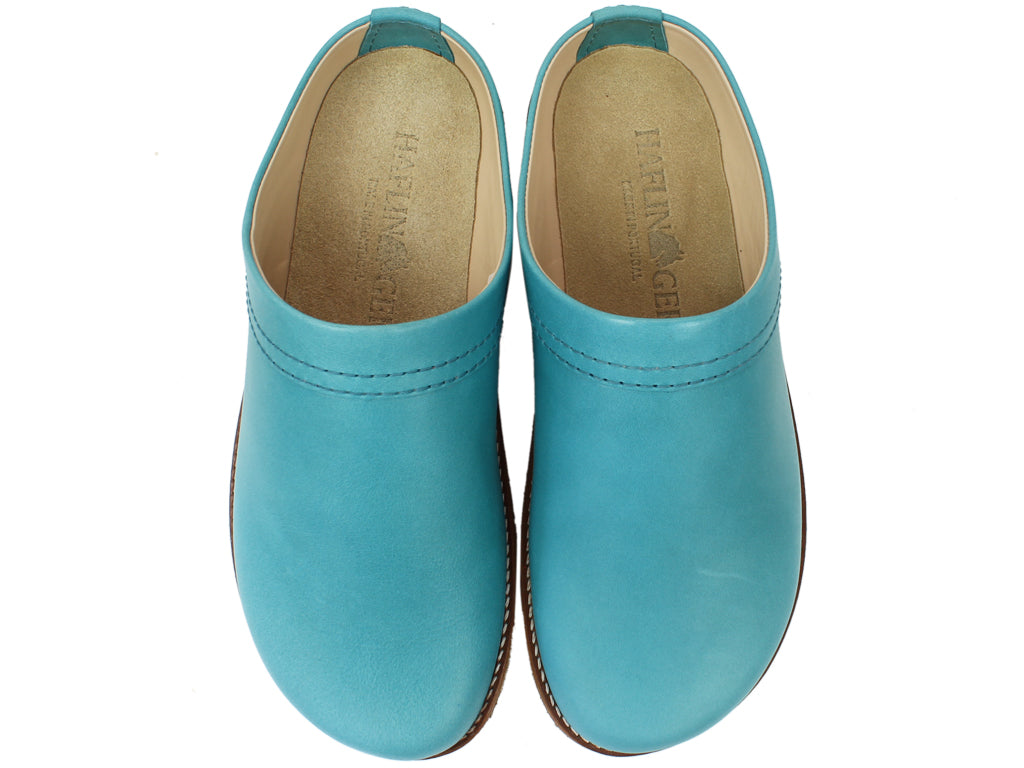 Haflinger Leather Clogs Travel Aqua upper view